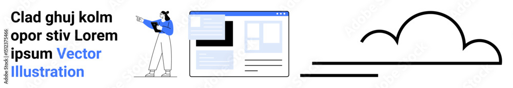 Poster person pointing at a minimal web design layout. includes cloud for data or technology concept. ideal