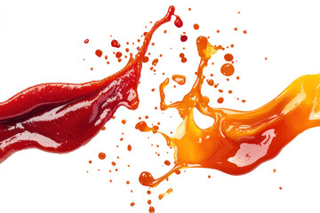 Cutout of bright red marinara sauce and translucent red-orange hot sauce splashing together on isolated PNG transparent background