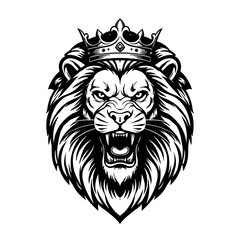 Bold black and white roaring lion head with a crown, stylized for tattoo or logo use.