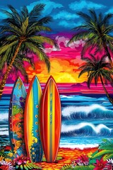 Surfboards at the beach in Hawaii. Summer flier design. Generative Ai