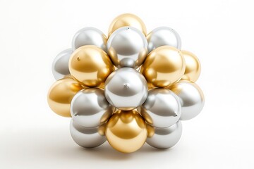 A cluster of shiny silver and gold balloons arranged in a spherical shape on a white background