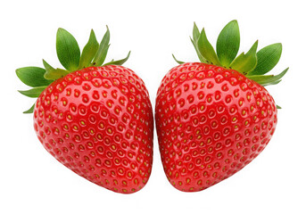 Two strawberries with green leaves isolated on transparent background