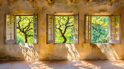Interior scene with diffused sunlight streaming through windows creating delicate shadow patterns on smooth walls