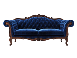 Royal Velvet Couch: An exquisitely crafted, royal blue velvet couch with intricate wooden detailing and a classic design, evoking an aura of timeless elegance and refined comfort.