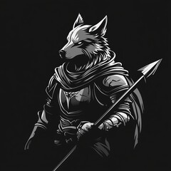 A Wolf wears war armor standing with Spear on his arm. Werewolf warrior knight silhouette illustration logo design