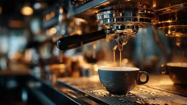 Close-Up of Espresso Machine Brewing Fresh Coffee in a Caf&eacute; Setting