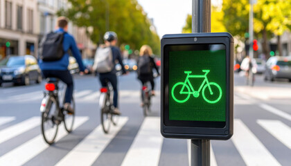 Green Bicycle Signal and Cyclists Crossing Urban Street Scene