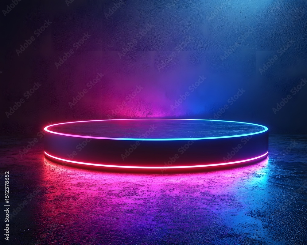 Poster glowing neon display podium floating in a dark space