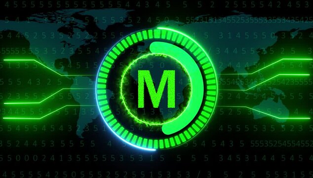 Digital letter M green colors with Futuristic Global Technology Network Background.