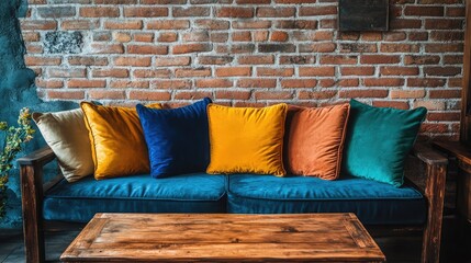 Dark wood sofa with colorful cushions against a textured brick wall and wooden coffee table