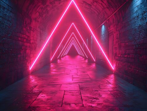 Dramatic neon tunnel of triangular lights