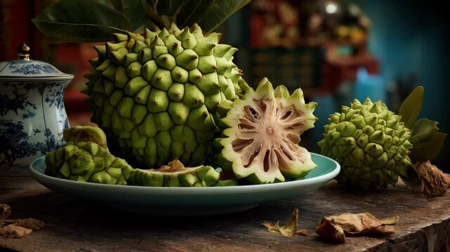 Exotic custard apples still life on wooden surface with halved fruit revealing seeds, tropical fruits on blue plate