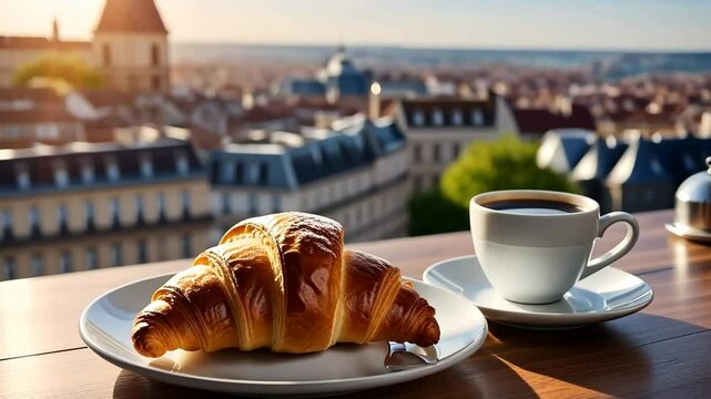 French breakfast with golden croissants and steaming coffee on table, sunny city view from balcony, morning cafe culture and urban relaxation concept. 