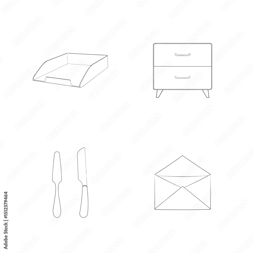 Poster outlined modern office and dining elements in simple line art style for design projects
