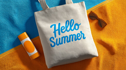 Flat lay of beach tote with Hello Summer text, sunglasses and sunscreen on colorful towels, perfect for vacation promotions, travel blogs and seasonal ads