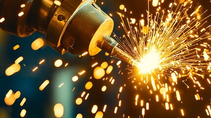 Welding torch producing an intense flow of orange sparks raining in a fiery cascade within a workshop