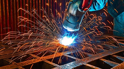 Vivid sparks showering from a welding torch creating a spectacular bright light display under dramatic shadows