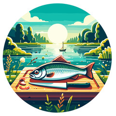 Freshwater fish catch illustration featuring caught fish and knife on dock by river