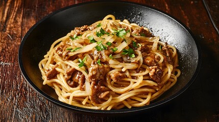 A realistic photo of a black non-stick skillet filled with linguine pasta tossed with sautéed liver and onions garnished with parsley