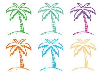 Tropical palm trees silhouetted against a summer sunset beach illustration