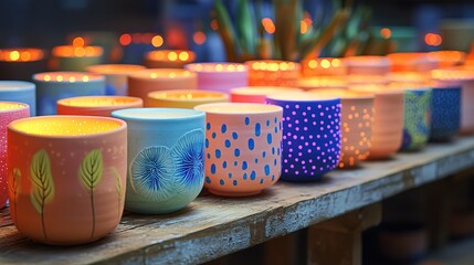 Fototapeta premium Vivid Row of Hand Painted Ceramic Candle Holder with Light Glow