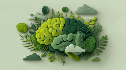 Creative eco-themed illustration of brain surrounded by leaves and clouds, symbolizing green thinking, mental growth, sustainable mindset and ecology concepts