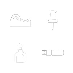 Simple outline drawings of office supplies including tape dispenser pushpin and usb drive