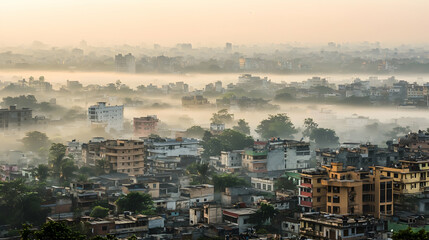 Obraz premium Misty Sunrise Over Dense Indian Cityscape