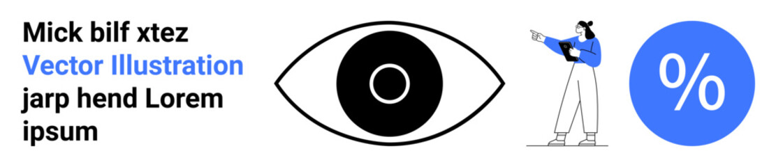 Eye graphic beside woman holding a clipboard and pointing upwards near percentage icon. Ideal for analytics, vision, data analysis, presentations, business insights, marketing strategies, simple