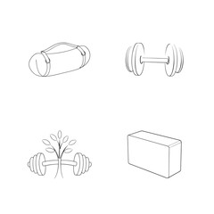 Outlined fitness and wellness elements including gym bag dumbbells and yoga block on white