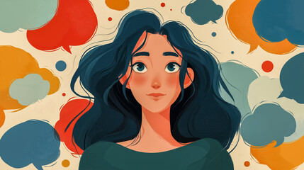 Stylized portrait of serene woman with colorful speech bubbles around, ideal for communication, social media, psychology, emotional expression and blog visuals