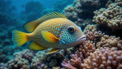Underwater fish in coral reef: a vibrant, beautifully patterned fish elegantly navigates the captivating world of the coral reef, a kaleidoscope of life beneath the ocean's surface.