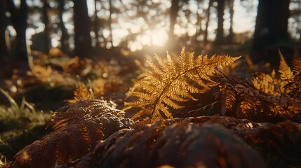 Soft focus forest scene featuring blurred foliage in lush green tones with warm sunlight filtering through