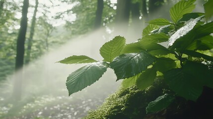 Blurred view of a forest canopy with gentle diffused sunlight casting muted light and shadow patterns