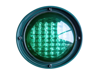 Green Signal: Close-up of a vibrant, luminous green signal light, symbolizing "go" or "safe," the bright glow against a clean background.