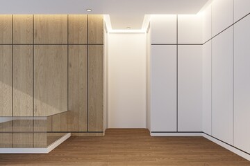 Empty room in minimalist style with white and wood tones and hidden ceiling lights.3d render