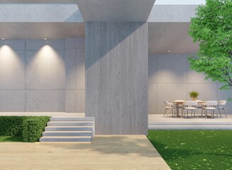 Empty polished concrete walls with shadows and trees. There is a dining table outside the house for relaxing.3d render