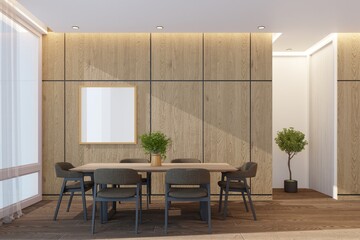 The picture frame walls are bare, with grooved wooden walls and a large dining table with daylight through the glass windows.3d render