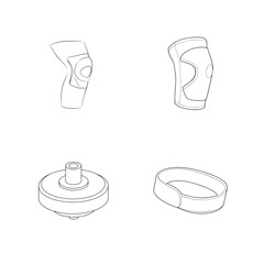 Detailed black and white line art illustration of various knee pads and protection gear