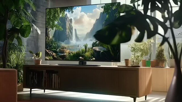 Immersive Viewing: Flat Screen Television Displaying Lush Waterfall Scene in Cozy Interior