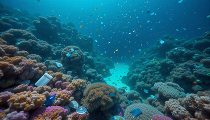 Obraz premium Oceanic Eden: Underwater exploration reveals a vibrant coral reef teeming with life, showcasing the intricate beauty of marine ecosystems.