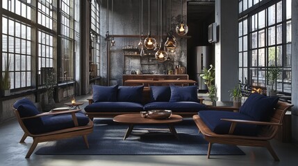 Walnut wood sofa with dark blue cushions in an urban loft with concrete walls and steel accents