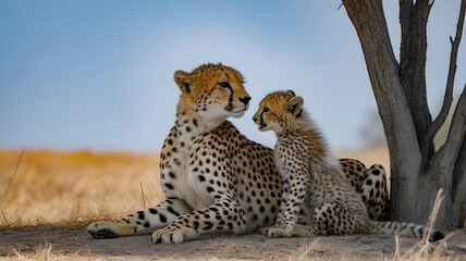 Fototapeta premium cheetah and cub under the tree