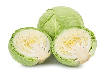 Fototapeta premium Fresh green cabbage halves and whole head isolated on white background