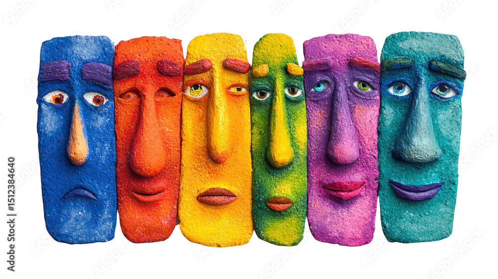 Poster seven colorful clay faces, each with unique features and expressions ranging from sadness to joy, ar