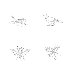 Minimalist outline illustrations of various animals including grasshopper, bird, bee, and moose