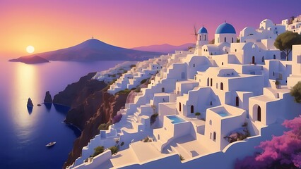 sunset in the city of oia santorini greece