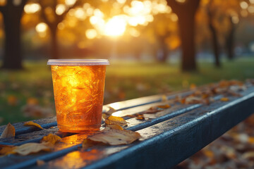 Iced coffee on park bench.
