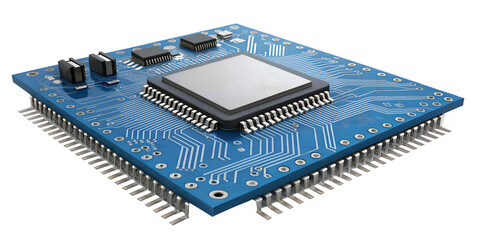 3d render of a microchip on circuit board isolated on transparent background
