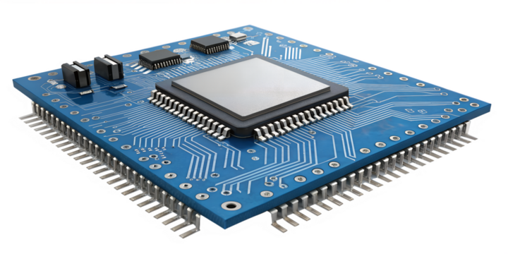 3d render of a microchip on circuit board isolated on transparent background
